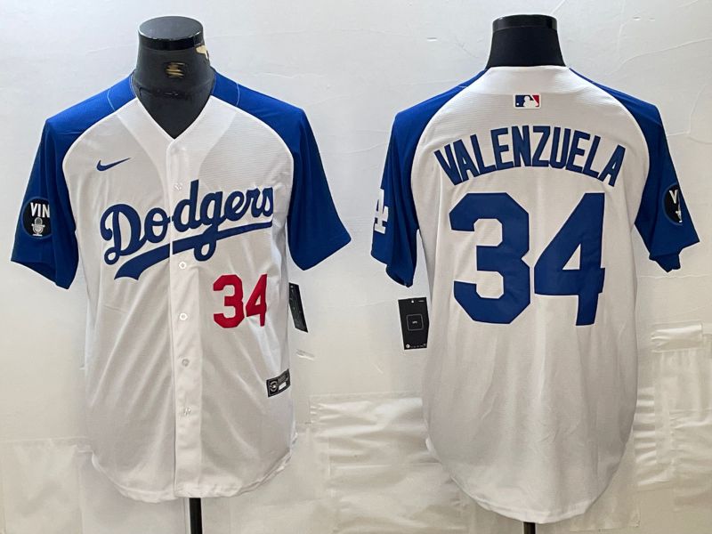 Men Los Angeles Dodgers 34 Valenzuela White blue Fashion Nike Game MLB Jersey style 4